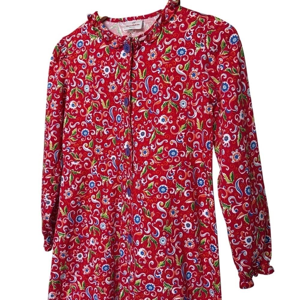 Hanna Andersson Girls Red Floral Long Sleeve Button Dress Size 10 Ruffle Neck